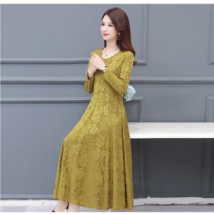 Abito Maxi Lussuoso Jacquard Floreale Girocollo Maniche Lunghe per Madri Elegante Abito da Ballo