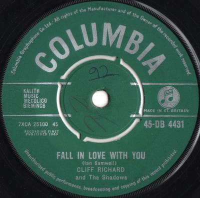 7-Zoll Schallplatte CLIFF RICHARD & THE SHADOWS - Fall In Love With You 45DB4431 Columbia 1960 UK Rock Gebraucht
