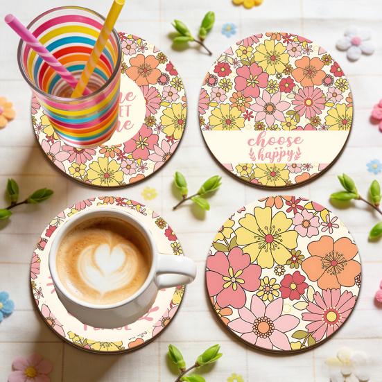 Tabletop Drink Holders 4PCS Easter Flower Coasters Set, Thick Cork Base Non-Slip Heat Resistant Non Slip Wood Coasters, Floral Print Decorative