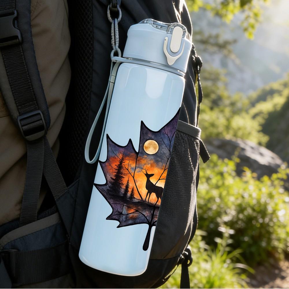 1PC Burning Autumn Maple Leaf 750ml Color Plastic Sports Water Bottle Leakproof Flip Straw Lid Suitable for Sports Office Home Use