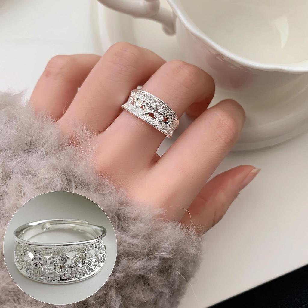Ring im koreanischen Stil aus S925 Silber mit geometrischem Durchbruchmuster, unregelmäßig, Vintage für Damen - Schwerindustrielles Temperament, verstellbarer schlichter Ring für den Zeigefinger.