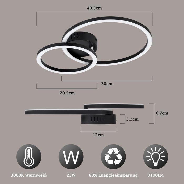 NETTLIFE - Plafonnier LED pour salon–40 cm noir lumière blanc chaud 3000K 23 W convient aux cuisines chambres et couloirs