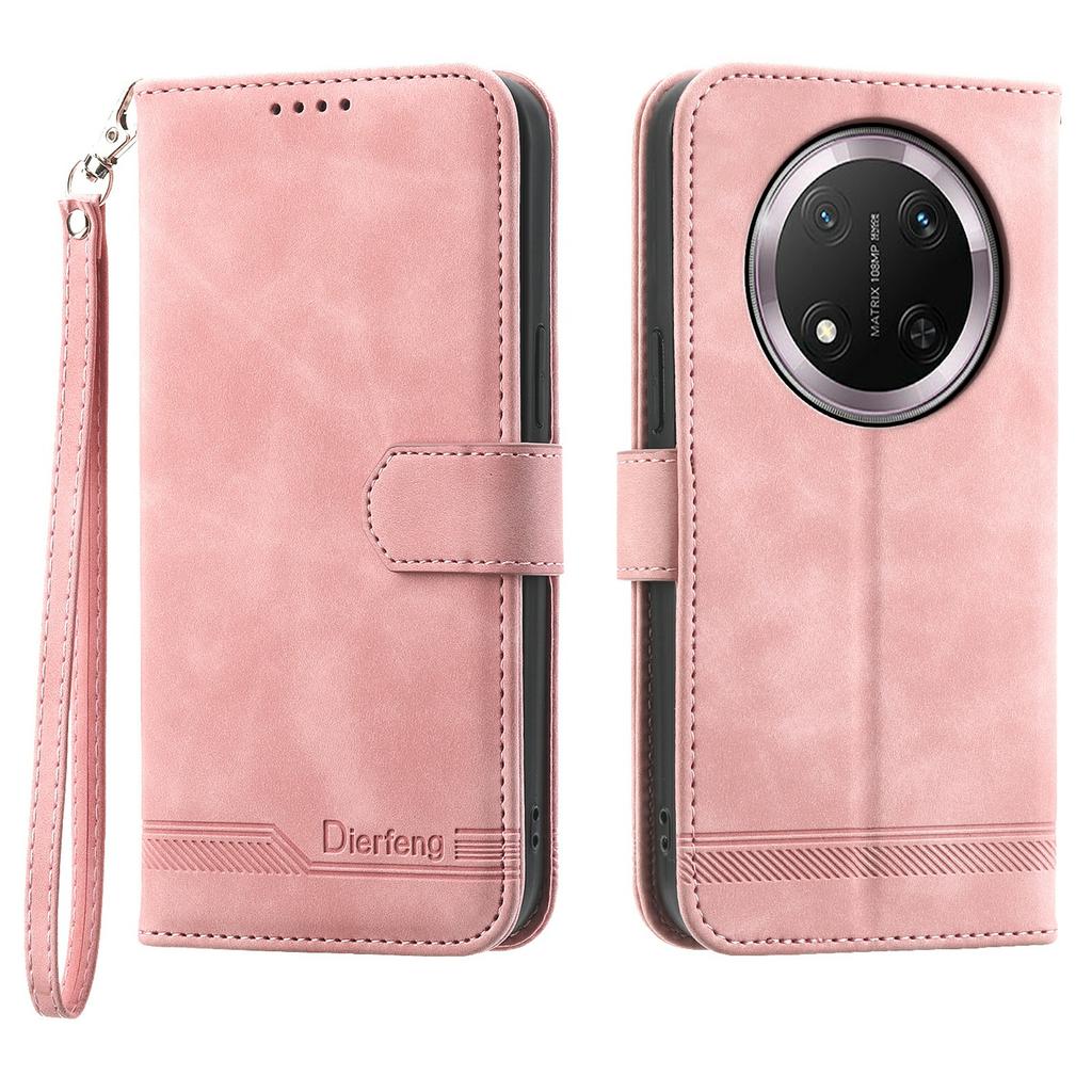 DIERFENG DF-03 Skórzane Etui Na Honor Magic8 Lite 5G / X70 5G / X9d 5G Wzór Linii Portfel Pokrowiec na Telefon z Paskiem na Nadgarstek