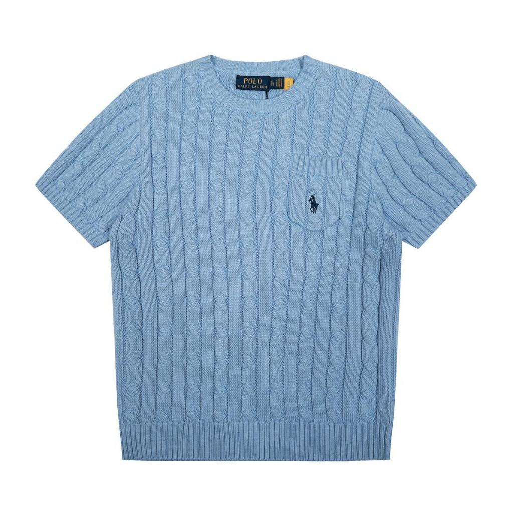 Unisex Rundhalsad Stickad Topp med Broderad Liten Häst och Ficka – Lös Passform, Högkvalitativ Parstil Kortärmad