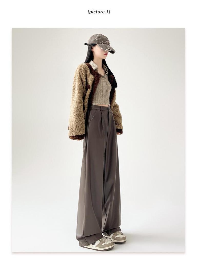 Women's 2025 Black Leather Wide-Leg Slimming High-Waisted Pants