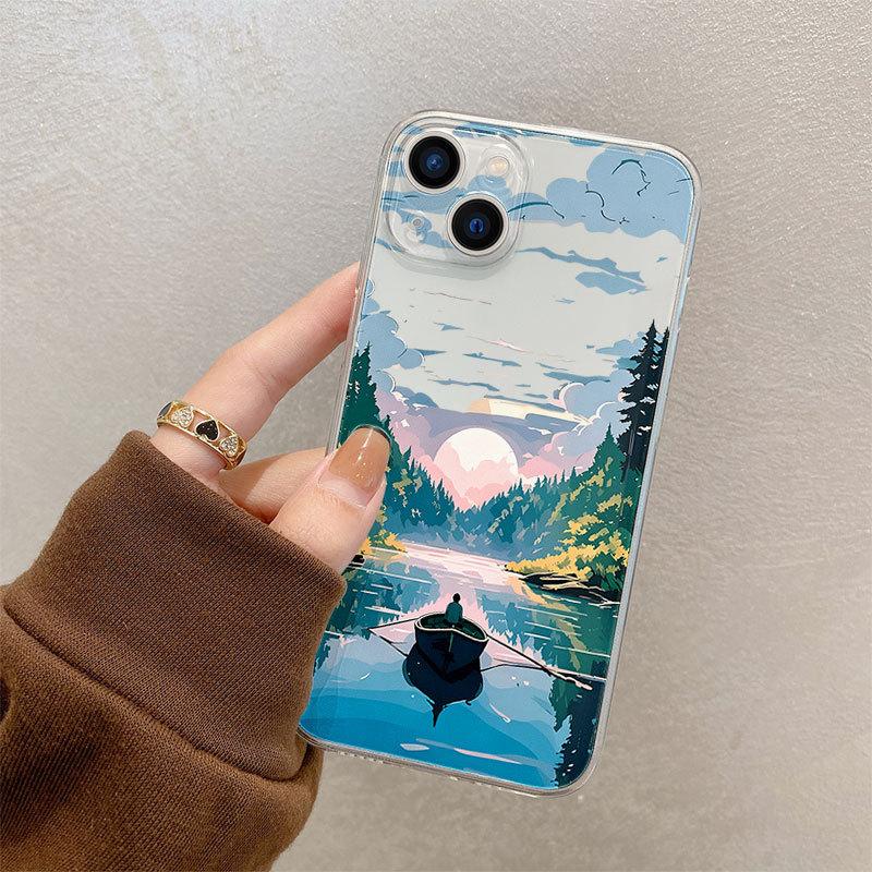 Hot-selling Healing Scenic Mobile Phone Case Mountain Forest Sunset Art Illustration All-inclusive Anti-drop iPhone Protective Case