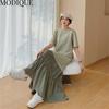 MODIQUE Summer Plus Size Women Loose Casual Patchwork Pleated Cotton Extended Length T-Shirt Long Dresses Female Oversize Short Sleeve O-Neck Dresses