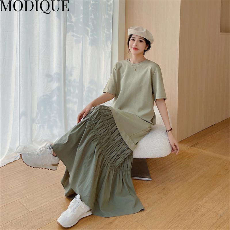 MODIQUE Summer Plus Size Women Loose Casual Patchwork Pleated Cotton Extended Length T-Shirt Long Dresses Female Oversize Short Sleeve O-Neck Dresses