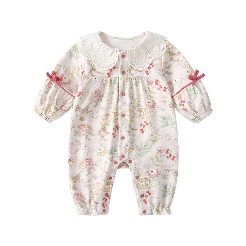 Autumn Rabbit Print Bowknot Baby Girl Romper Onesie