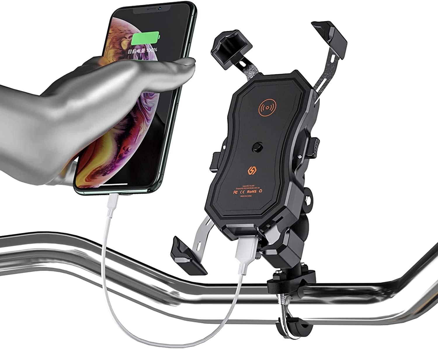 E-FINDS Motorcycle, Smartphone Holder, Smartphone Stand, QI Charging, Waterproof, USB Power Supply, Mobile Phone