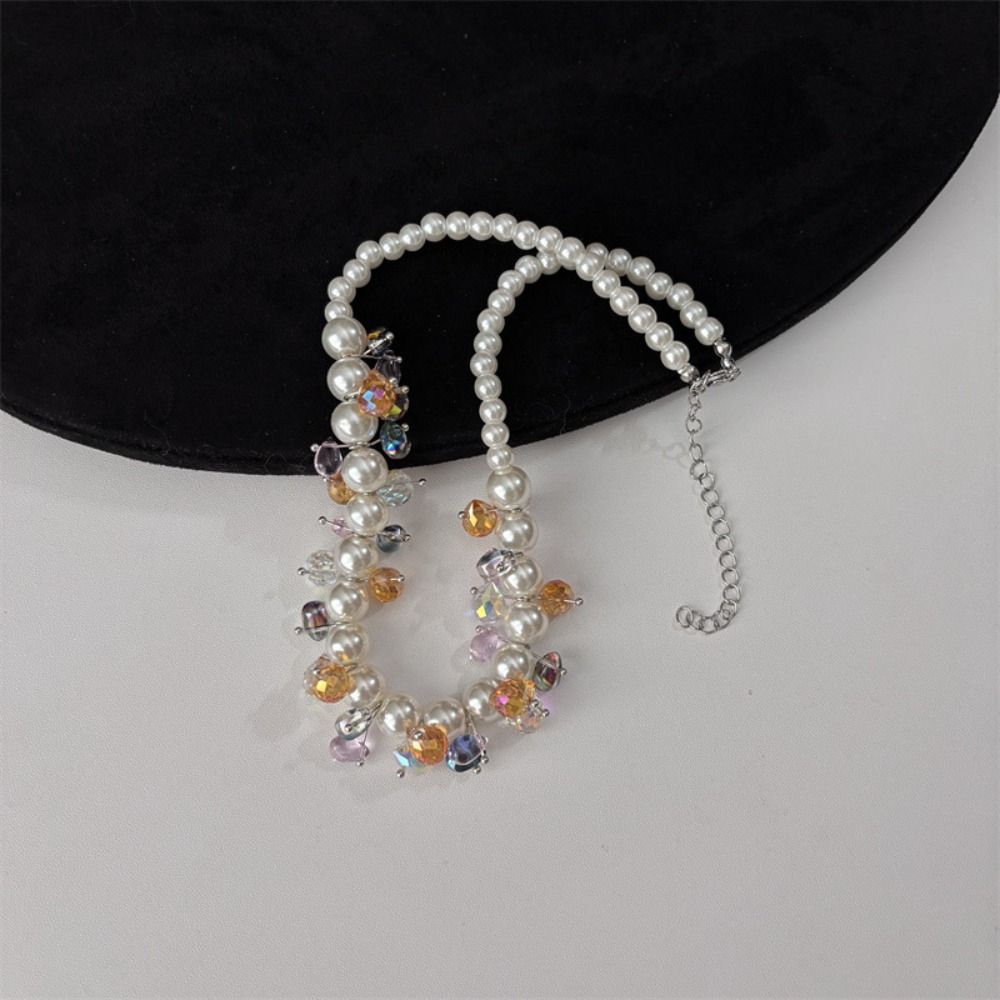 Shining Pearl Beaded Necklace Dopamine Style Pearl Choker Jewelry Colored Zircon Necklace  Women
