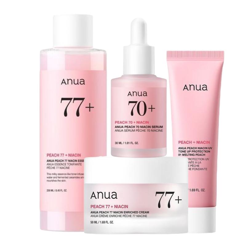 ANUA Peach 70 Niacin Brightening Skincare Set (Essence Toner 250ml + Serum 30ml + Cream 50ml + Sunscreen 50ml)