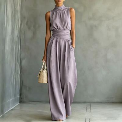 Europa en Amerika 2026 zomer mouwloze semi-hoge hals wijde pijp jumpsuit dames effen kleur casual mode broek