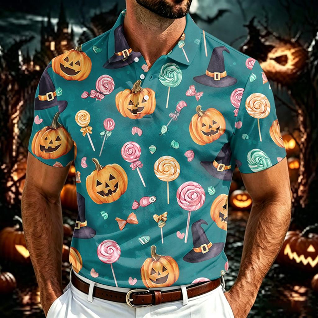 Men's Halloween Print Polo Shirt Lightweight Breathable Mesh Short Sleeve Collared Shirt Casual Summer Top