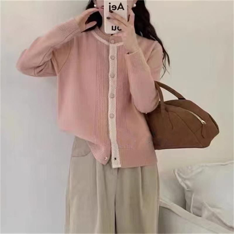 Damen Herbst und Winter Rundhals Süßer Farbkontrast Strickjacke Pullover