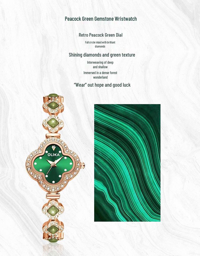 Four-Leaf Clover Women's Luminous Chalcedony Bracelet Watch - Fashionable, Waterproof, High-End Quartz Design.