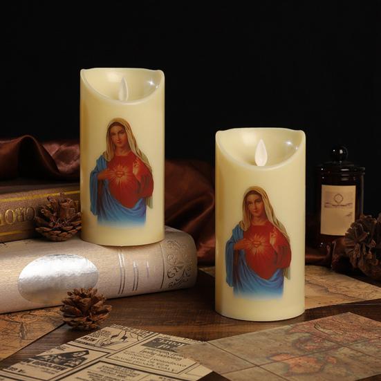LED Christmas Candle Lights Flameless Flickering Prayer Lamp Religious Figure Design Lights for Home Altar
