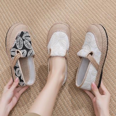 Lente nieuwe luie één-pedaal vissersschoenen dames retro stijl linnen ronde neus casual katoen en linnen schoenen oude Beijing stoffen schoenen