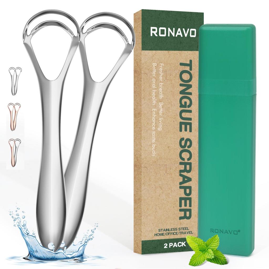 RONAVO New Upgraded Metal Tongue Scraper with Dual Scraping Heads - Helps Eliminate Bad Breath and Improve Oral Hygiene