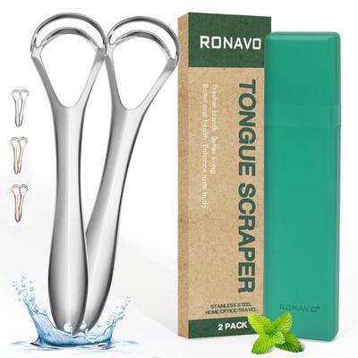 RONAVO New Upgraded Metal Tongue Scraper with Dual Scraping Heads - Helps Eliminate Bad Breath and Improve Oral Hygiene