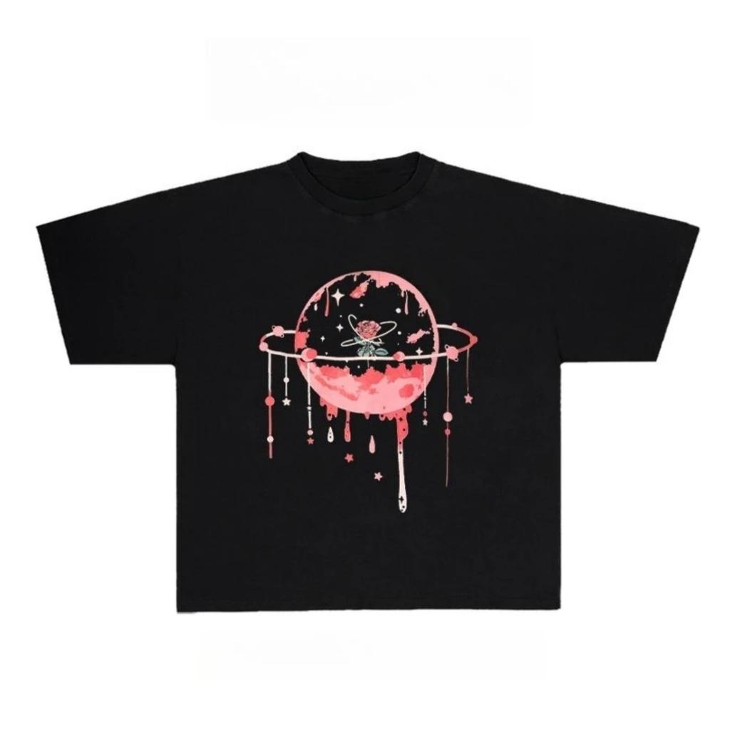 2025 Full Time Sweet Girl Oversized Pink Rose Planet Print INS Short Sleeve T-shirt Oversized Vintage Streetwear Graphic Tees
