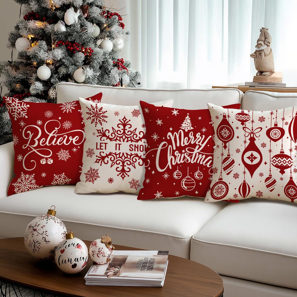 1/4 Pcs Red Christmas Pillowcase Snowflake Christmas Ball Pendant Pattern Cushion Cover Winter Holiday Home Decoration