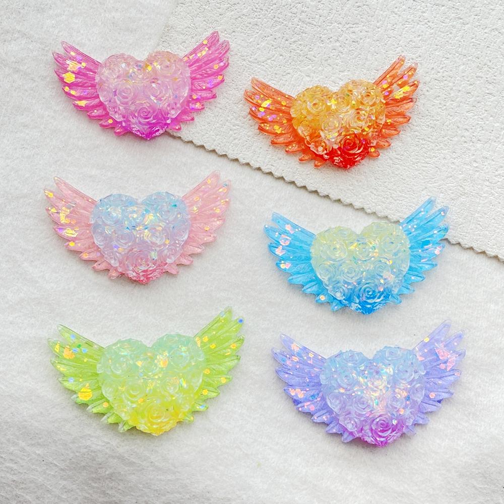 6Pcs Cute Resin Sparkling Colored Rose With Heart-shaped Wings Flat Back Scrapbooking DIY Jewelry Craft Decoration Accessories
