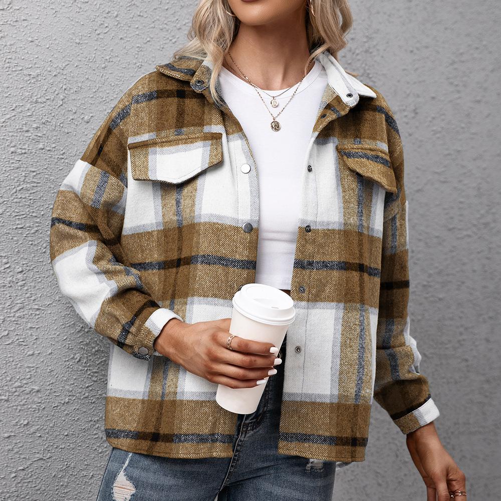 Thickened cashmere long-sleeved plaid top loose casual shirt plush plaid jacket jacket women S жёлтый