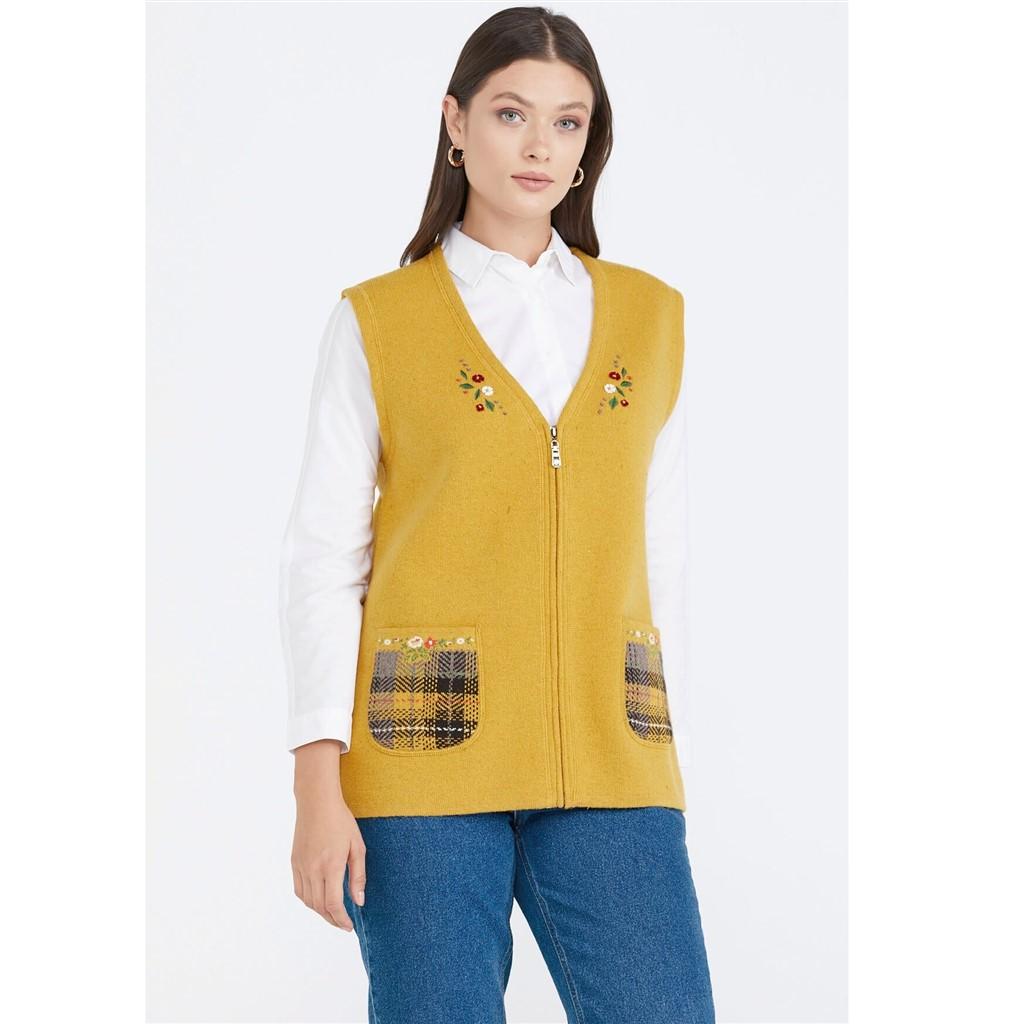 Sementa Embroidery Detailed Pocket Zippered Wool Knitwear Women's Vest