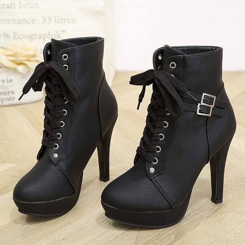 

Autumn and winter new European and American lace-up short boots round head belt buckle women s boots thick heel Martin boots 35 чёрный