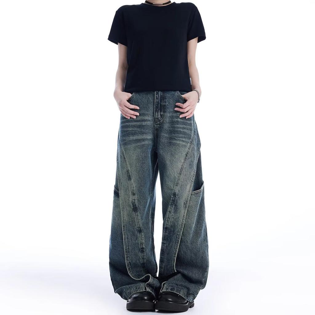 Jeans Larghi Unisex a Vita Media Deostrutturati Vestibilità Larga Vintage Americano Lavato Baggy in Denim Pantaloni Rilassati Lunghi Fino a Terra