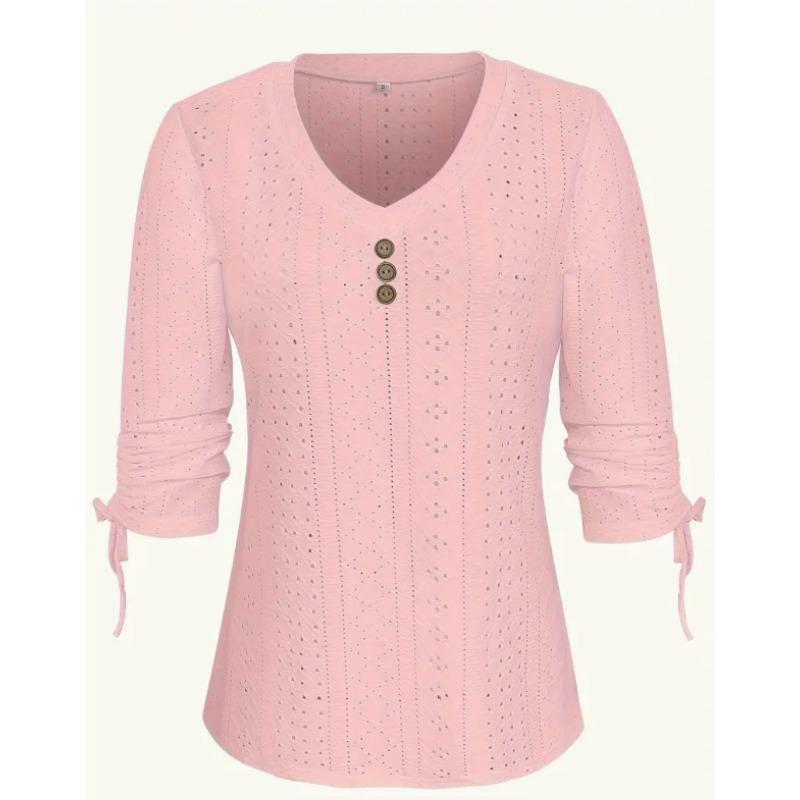 Spring and Summer New Solid Color Jacquard Button Long-sleeved Straps Hollow Loose T-shirt Top