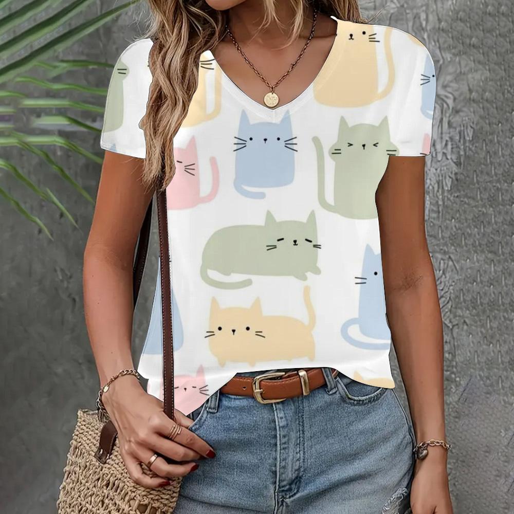Women's Clothing T-shirt New V-neck Short Sleeve Cat Pattern Fashion Top Summer Loose And Breathable Clothing Women's T-shirt