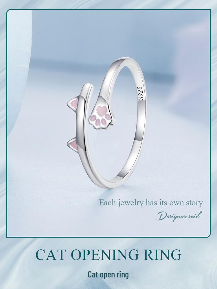 Ziyun S925 Silver Cat Open Ring with Pink Heart and Paw Print Design BSR316