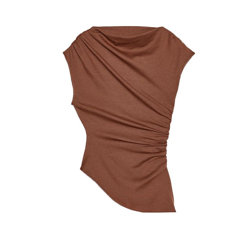 Spring New Women's Clothing Sweet Style Multi-Color Selection Ruched Asymmetric Boat Neck Basic Tops 5644768