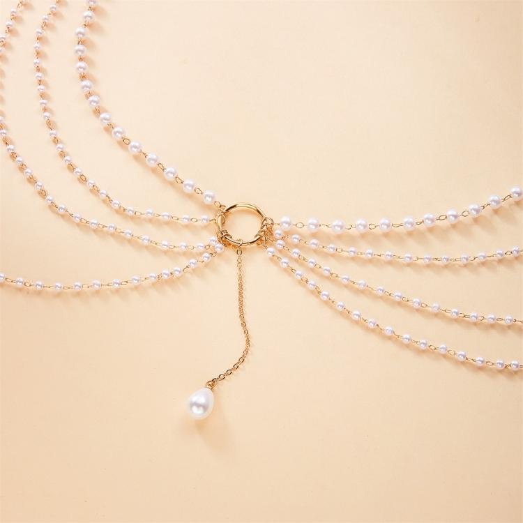 Multi Strand Imitation Pearls Tassels Necklace with Ring Elements Lightweight Alloy Neck Accessory for Various Occasions