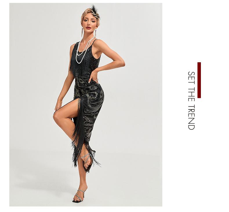 Sukienka cekinowa lata 20. Retro sukienka z frędzlami taneczna o średniej długości sukienka wieczorowa