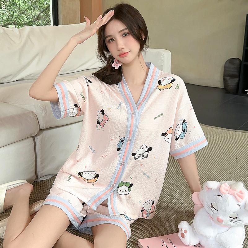 Thin, loungewear, new two-piece pajamas women's summer cardigan V-neck loose large size ins Pacha dog outer wear