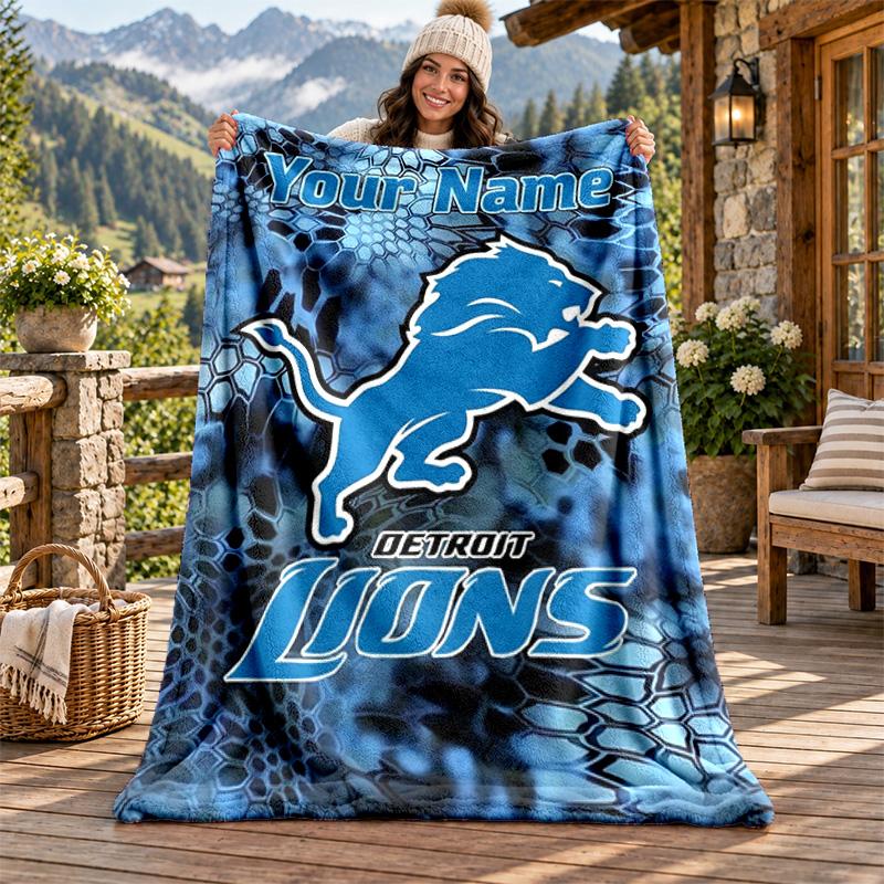 Detroit Lions Custom Name Flannel Blanket Personalized Soft Warm Plush Throw Blanket Customized Gift for Family Friends