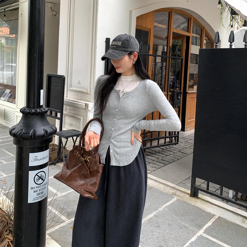 Korean Style Grey Round Neck Knit Cardigan for Women - Autumn/Winter Slimming Long Sleeve Top