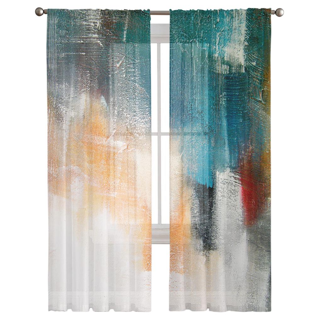Luxury Tulle Curtains Color Painting Modern Living Room Kitchen Chiffon Curtain Youth Bedroom Sheer Floor Valance Curtain