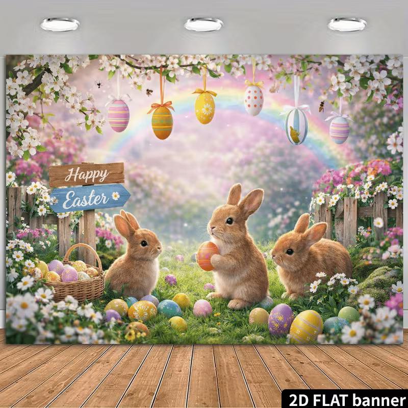 2D Flat Printing Whimsical Easter Garden with Bunnies and Rainbow Backdrop 47.2x31.5inch/120*80cm