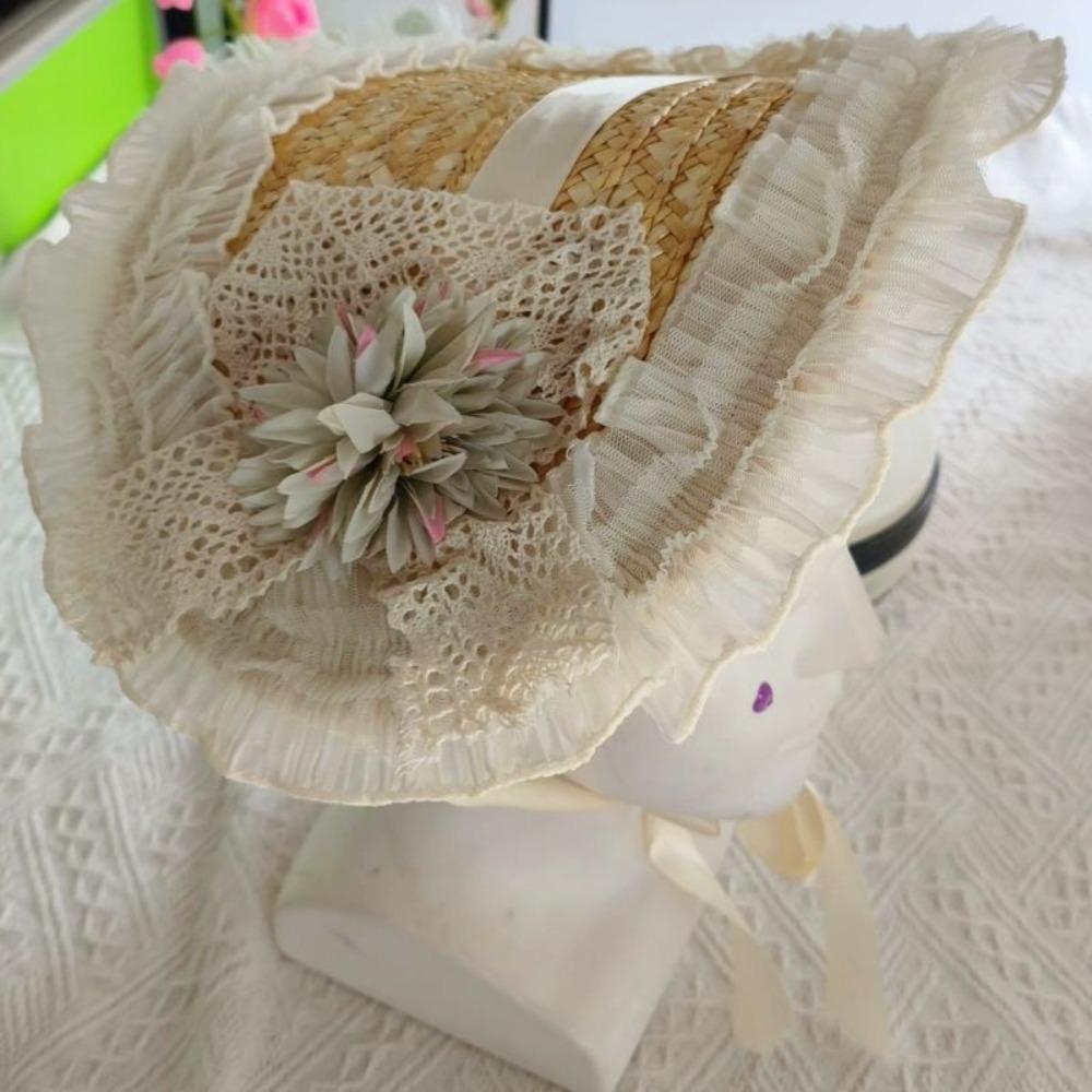 

Соломенная шляпа в пасторальном стиле Лолита с бантом и цветами, милый капор Лолиты, аксессуары Лолиты зелёный