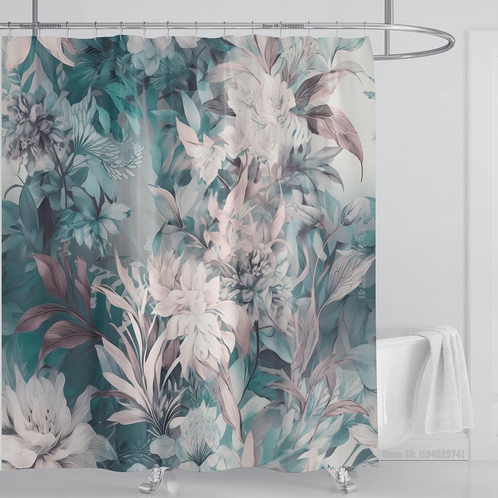 Aquatic Plants Floral Shower Curtain Waterproof Shower Curtain Polyester Fabric 3D Printed Curtain Bathroom Decoration With Hook