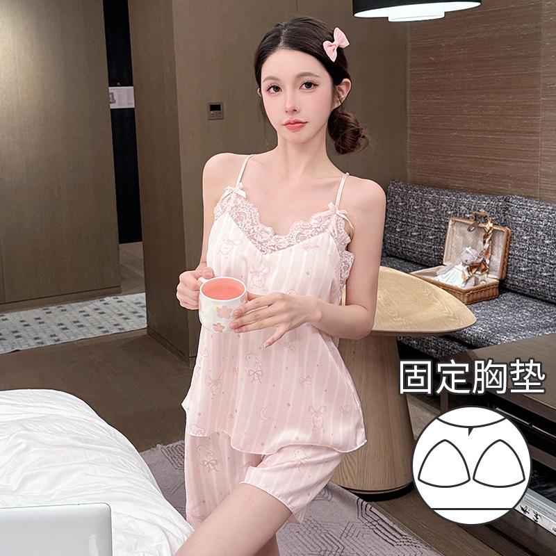 Summer New Extra Soft Silk Cool and Delicate Cute Print Sexy with Chest Pad Suspender Pajama Set Loungewear Women