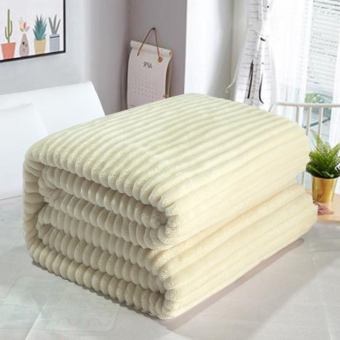 Thickened Flannel Striped Velvet Blanket, Plain Color Coral Fleece