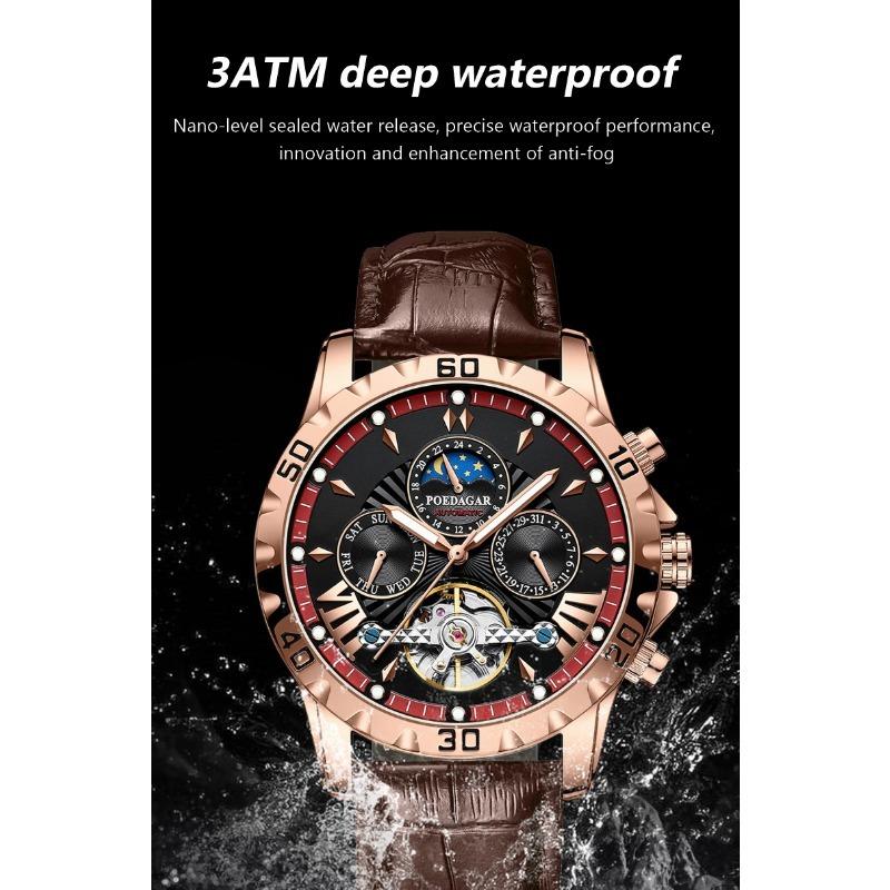 POEDAGAR Luxury Automatic Wristwatch Waterproof Luminous Date Week Leather Men Watch Tourbillon Mechanical Fashion Watches