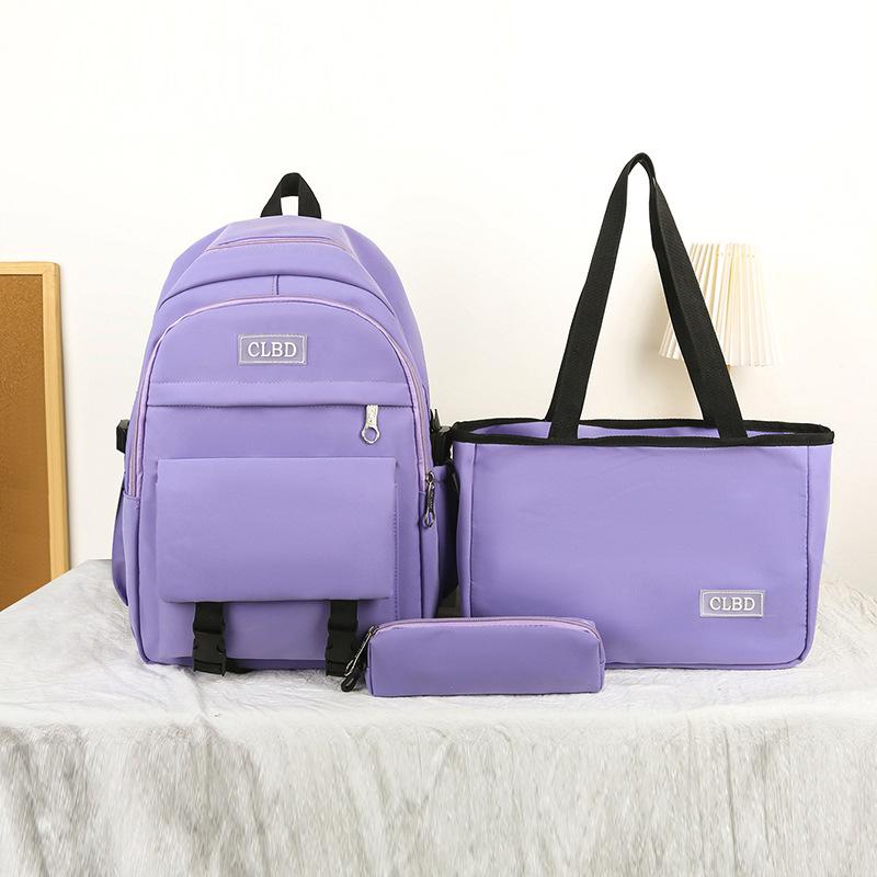 Three-Piece Backpack Set Student Schoolbag Girls Solid Colorlarge Capacity Backpack with Shoulder Bag Pen Bag