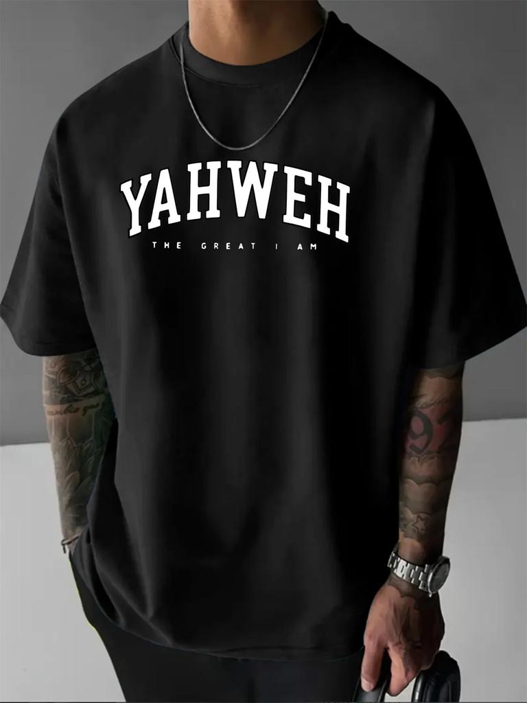 T-shirt Casual Sportiva alla Moda da Uomo Estiva 100% Cotone Puro con Stampa Lettere YAHWEH, Scollo Rotondo, Maniche Corte, Vestibilità Larga