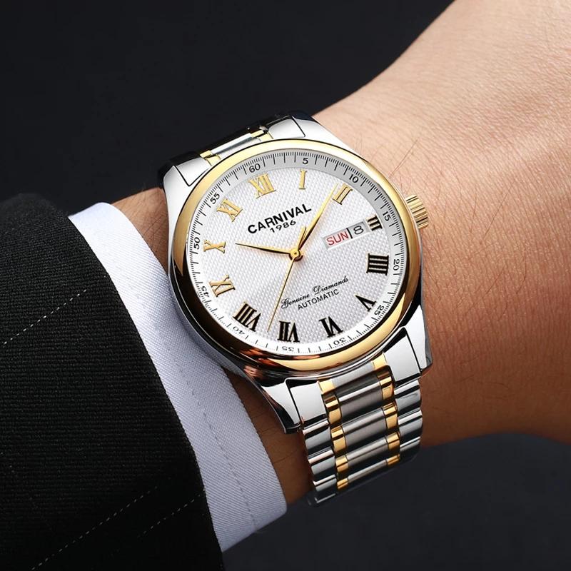 Carnival Brand Luxury Watches for Man Fashion Waterproof Men's Gold Silver Calendar Automatic Mechanical Wristwatch Reloj Hombre